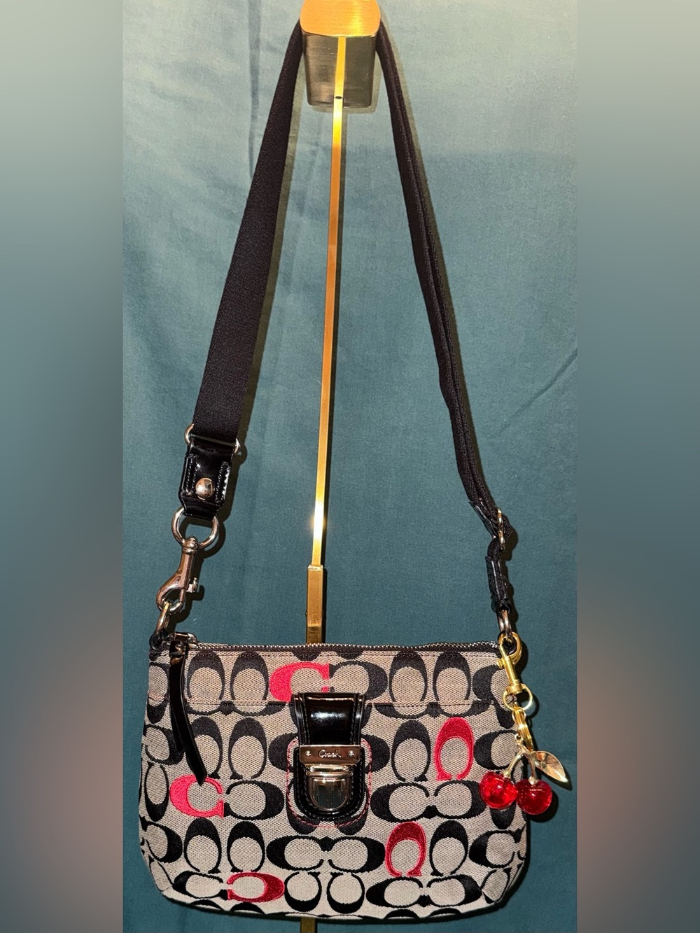 Coach Signature C Canvas Crossbody Shoulder Bag with Red & Black Accents
